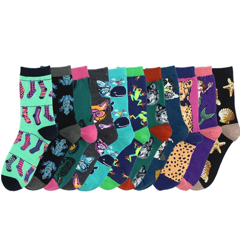 Harajuku Happy Socks para mujer divertidos dibujos animados Rana perro Concha ballena mariposa patrón transpirable calcetines de algodón para mujer