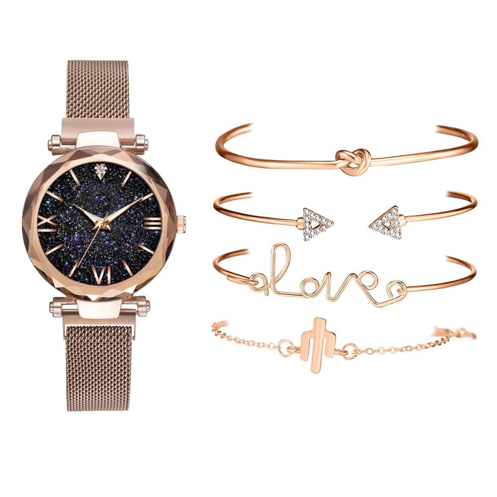 5pc/ sæt dameure armbåndssæt stjernehimmel damearmbåndsur casual læder quartz armbåndsur relogio feminino: Guld