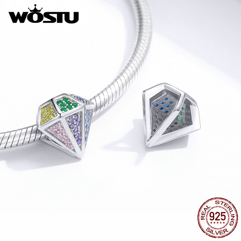 WOSTU Regenbogen Diamant Reize 925 Sterling Silber Bunte Zirkonia Korn passen Original Armbinde Anhänger Edlen Schmuck CQC1456