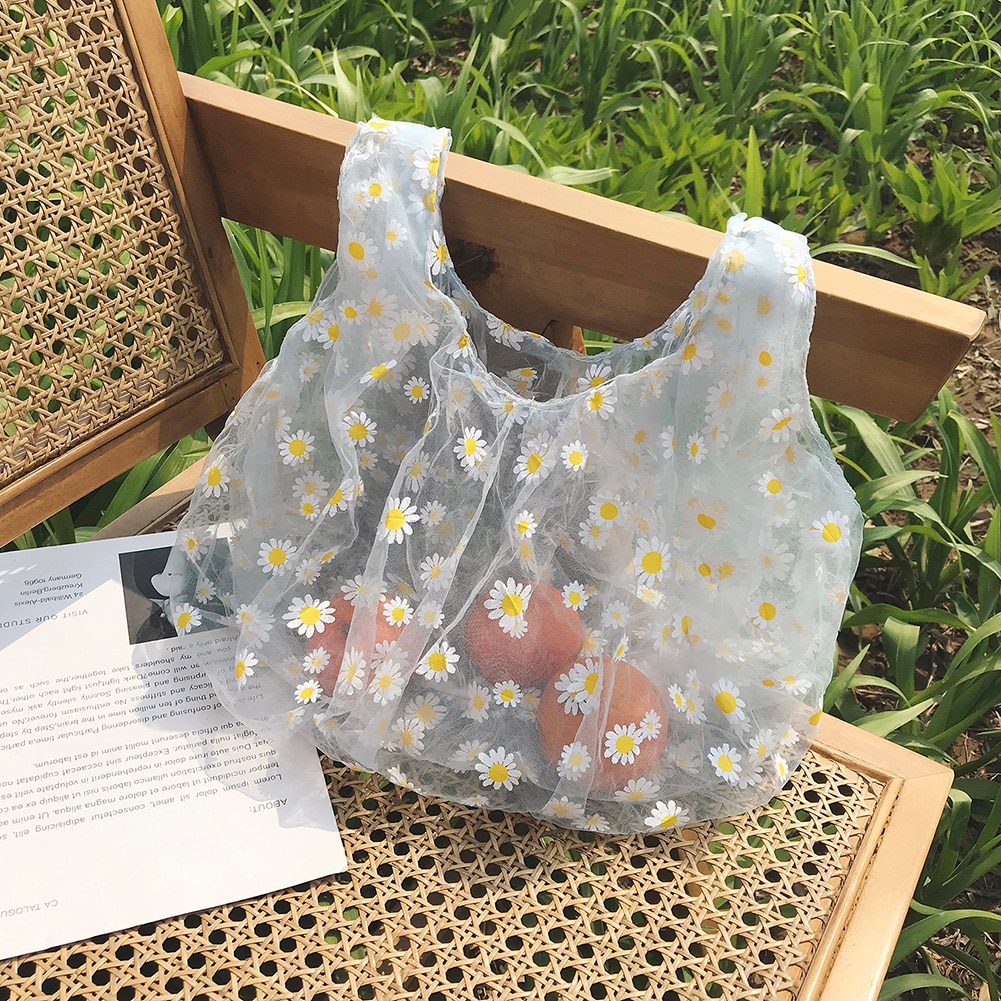 Spring Women Small Transparent Tote Mesh Cloth Bag Daisy Embroidery Handbag Eco Fruit Bag Purse For Girls