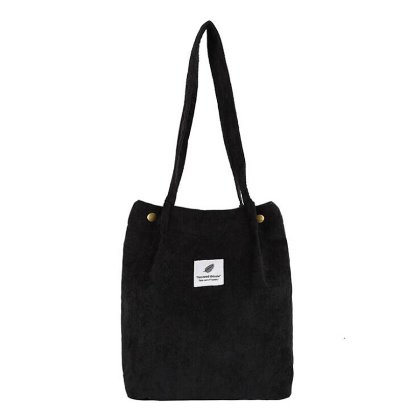 Women Corduroy Shopping Bag Female Canvas Cloth Shoulder Bag Environmental Storage Handbag Reusable Foldable Eco Grocery Tot: Black
