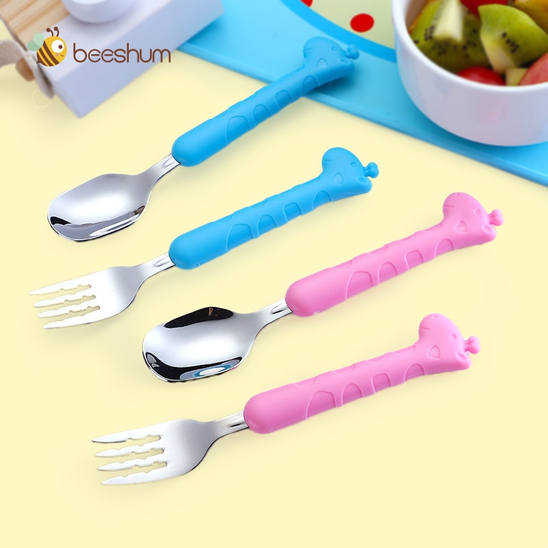 Beeshum Infant Feeding Spoon Fork Baby Gadgets Tableware Set Children Cartoon Utensil Stainless Steel Toddler Dinnerware Cutlery