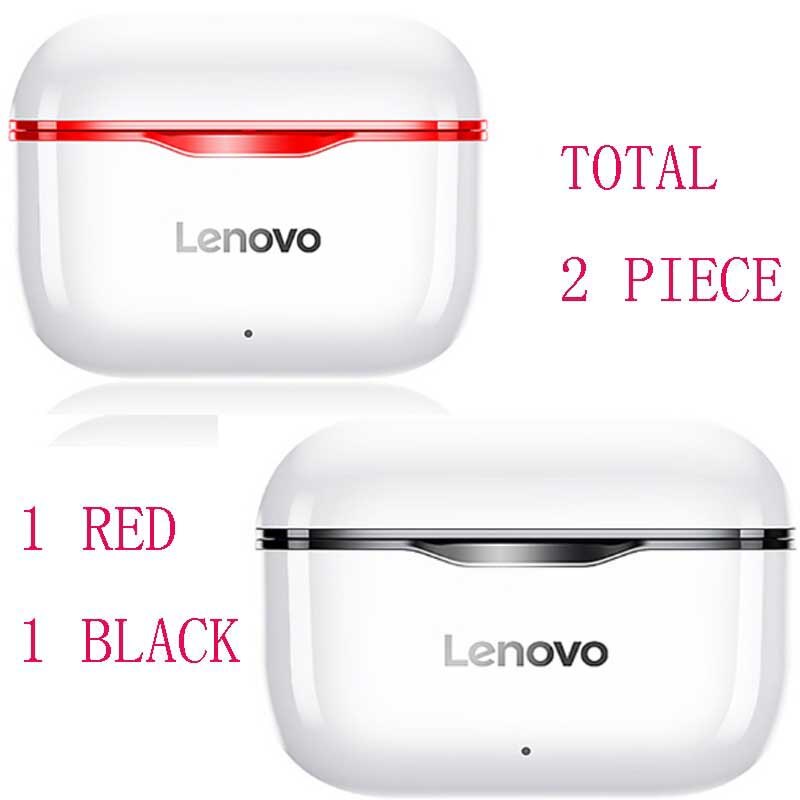 Lenovo-auriculares inalámbricos LP1 con TWS, cascos con Bluetooth 5,0, estéreo Dual, reducción de ruido, bajos, Control táctil, modo de reposo Larga, 300mAH: 1BLACK1RED