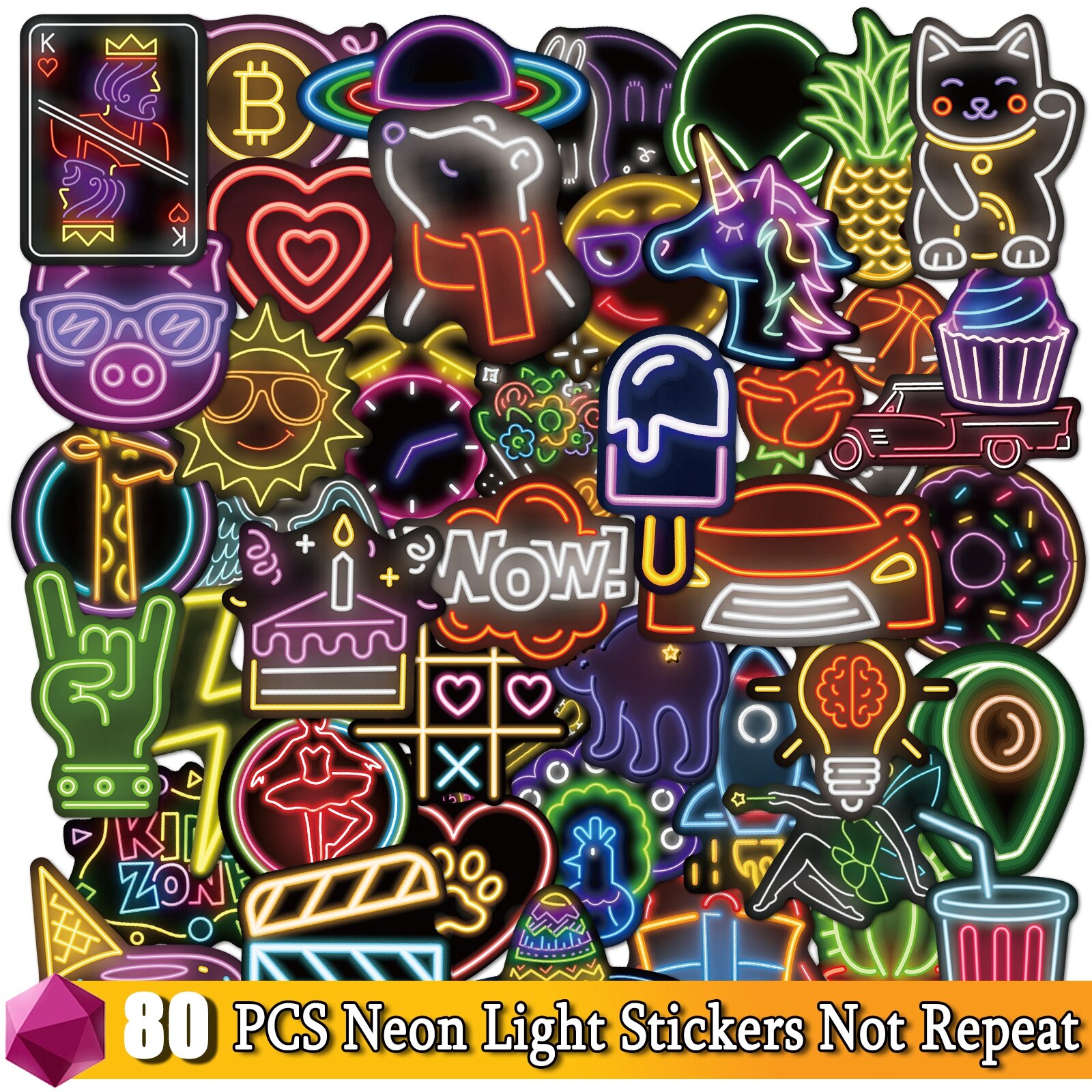 Easter Day Stickers Cartoon Anime Sticker Festival Pack for Laptop Bicycle Motorcycle Guitar Skateboard Decals Kids Toy Decal: 80 Pcs Neon Light