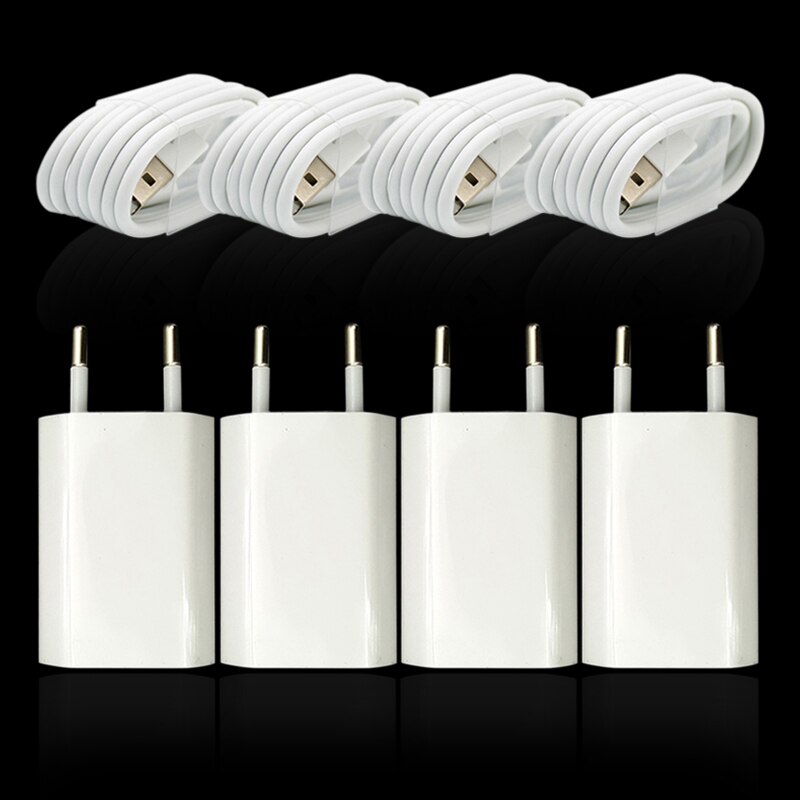 4 sets/lot stopcontact eu-stekker usb-lader voor iphone 8 -pins usb-oplaadkabel + reisadapter voor apple iphone 5 5s 6 6s 7: Default Title