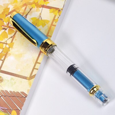 Wing Sung 3008 Piston Fountain Pen Big Volume Demonstrator Fountain Pen F EF Nib Wingsung Fountain Pen: Golden Blue / EF