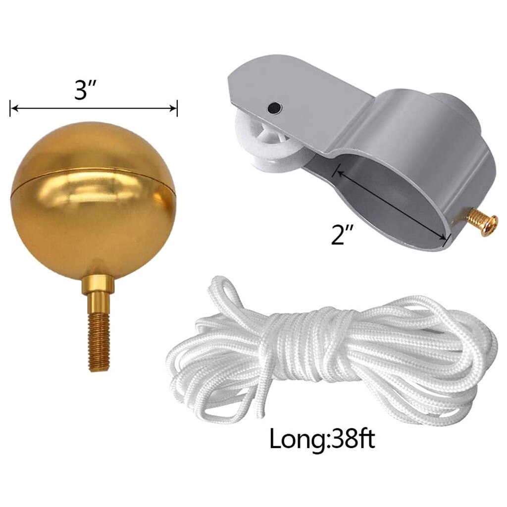 1set Of Flag Pole Part Set Nylon Braided Rope Flagpole Accessories Repair Kit Pulley Gold Ball Cleat Clip Screw Decor 2 Inch#g30