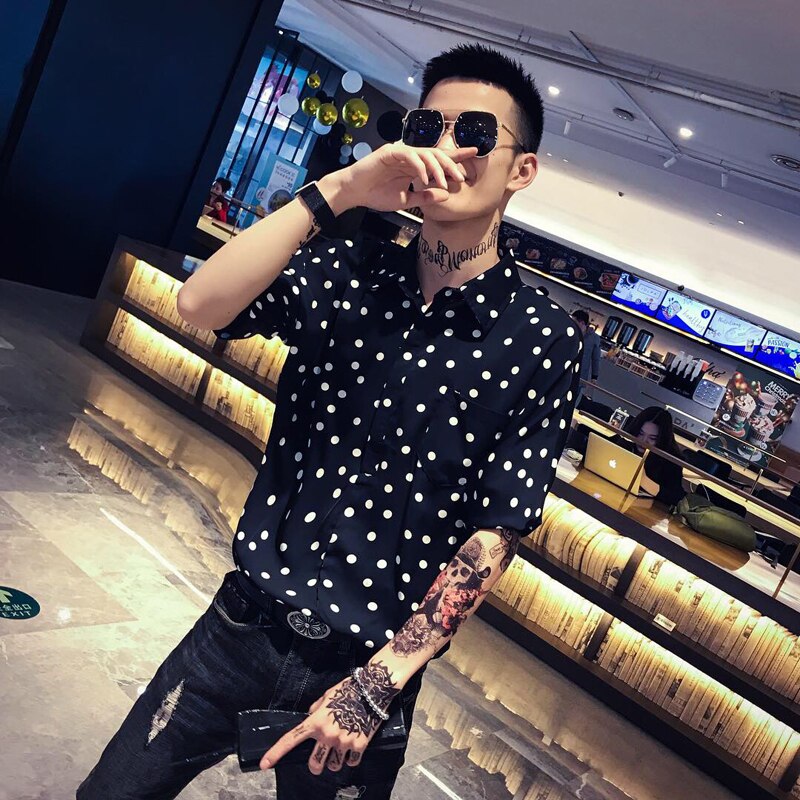 Summer Dress Shirt Men Slim Dot Print Casual Shirt Man Streetwear Trend Wild Short-sleeved Shirt Male Clothes M-2XL