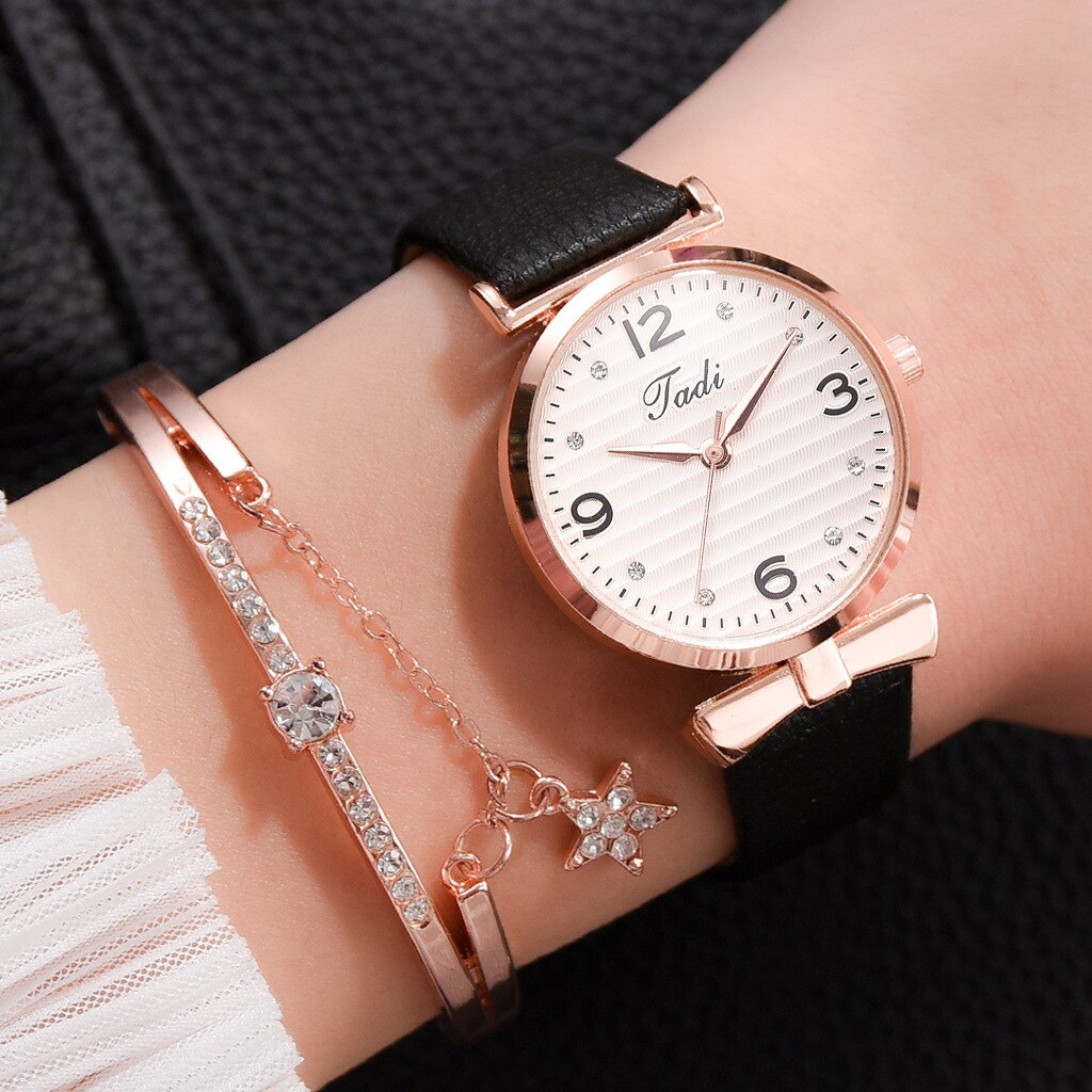 Top Brand Dress Female Watches Simple Rhinestone Woman's Watch Bracelet Set 2PCS Leather Ladies Wristwatch reloj mujer
