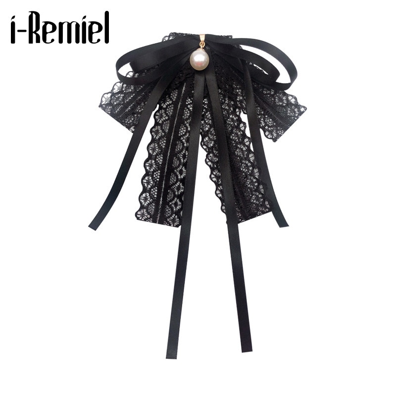 Pearl Bow Tie Brooch Black Fabric Lace Cravat Bow Necktie Pin and Brooches Shirt Dress Luxury Jewelry for Women Accessories