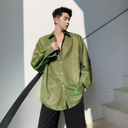 Mænd skinnende vævede langærmede afslappede skjorter mandlige japan korea stil scene kjole skjorter natklub tøj: 3923 grønne / M