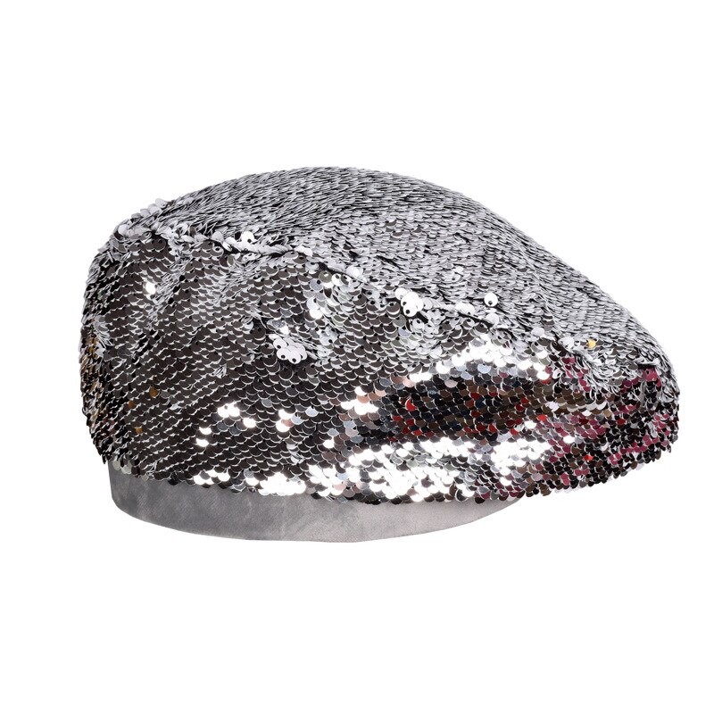 Kvinner paljetter flate baretter lokk paillette sølv fest damer doble farger skinnende årgang maleren hatt