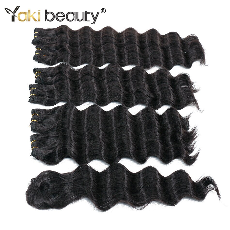 YAKI BEAUTY Synthetic Hair Bundles And Closure French Wave 14-18Inch 6+1Per Set Natural Black Color For Women Curly Extension