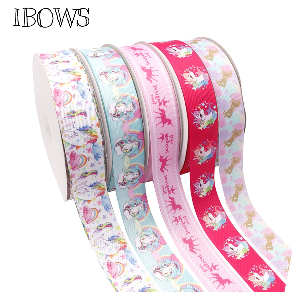 IBOWS 38mm Cartoon Grosgrain Band Regnbåge Enhörning Tryckt Band DIY Håraccessoarer Förpackning Festdekoration 5yards