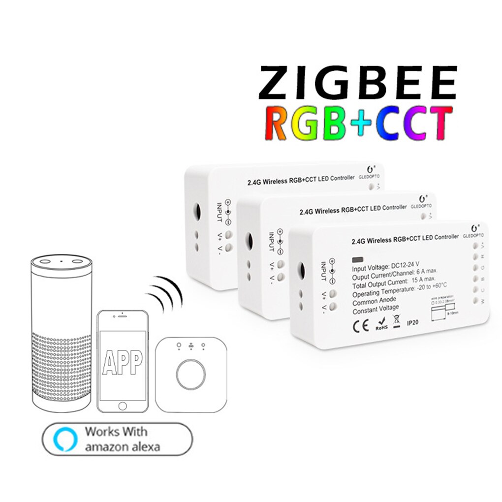 ZIGBEE 2.4G Wireless RGBW+CCT LED Controller 12V-24V APP Voice Control LED Strip Lights Smart Dimmer