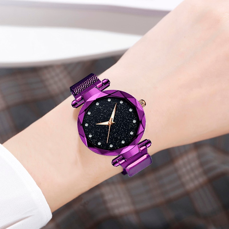 Luxe Diamant Vrouwen Horloges Voor Dames Magnetische Sterrenhemel Klok Vrouwelijke Quartz Polshorloge relogio feminino zegarek damski: Purple