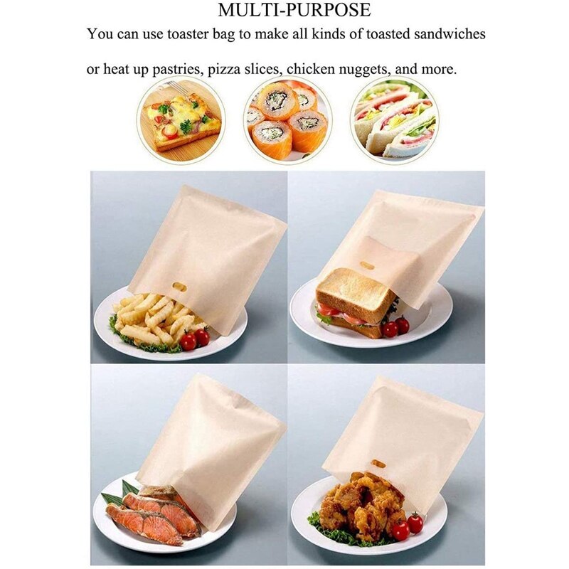 Toaster Bags Reusable for Grilled Cheese Sandwiches, Non Stick, Easy to Clean, Gluten Free, 6.3 x 7.1 Inch, Pack of 10