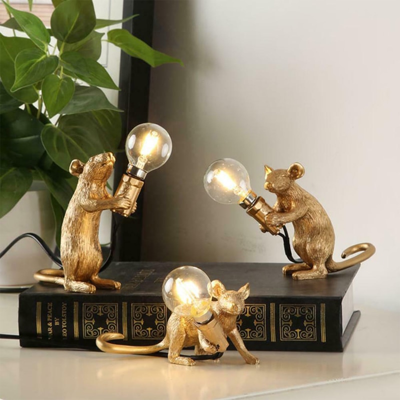 Dreamburgh Nordic Resin Rat Mouse Lamp LED Table Lamp Modern Small Mini Golden Mouse Cute LED Desk Lamp Home Decor Desk Lights