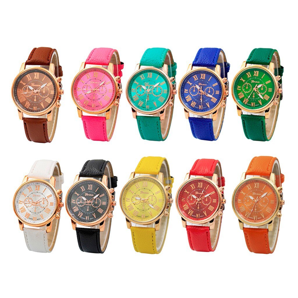 Luxe Casual Gold Vrouwen Horloges Armband Vrouwen Genève Romeinse Cijfers Faux Leather Analoge Quartz Horloge #25