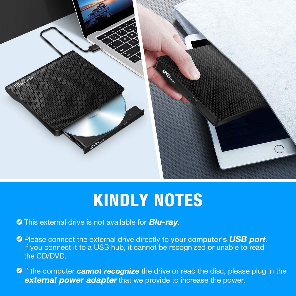 EIVOTOR-Unidad óptica externa USB 3,0, reproductor de DVD-RW, grabador de CD y DVD, compatible con transferencia de datos de 2MB para PC y portátil
