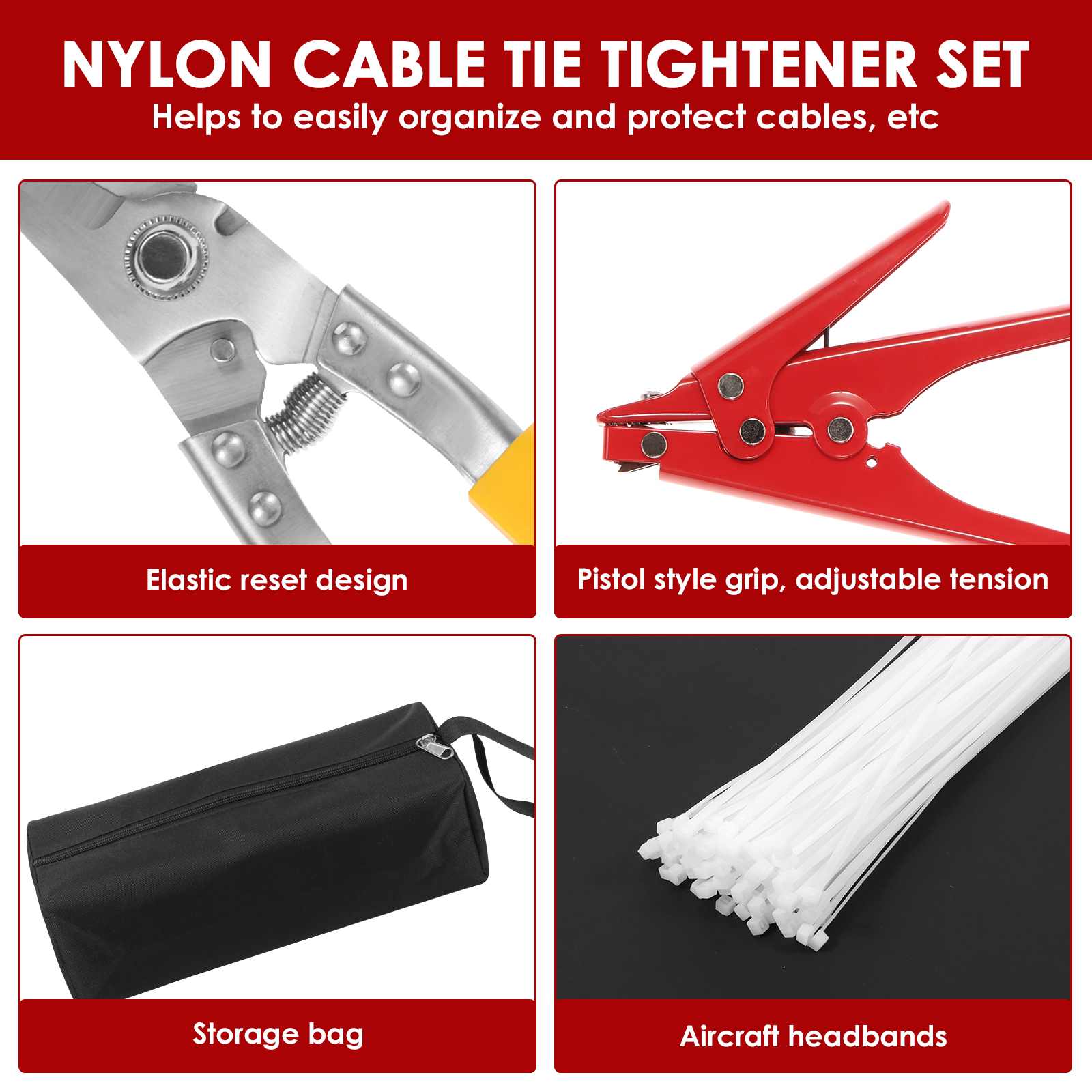 Juego de herramientas para bridas de cables de Metal, alicates/pistolas ajustables, herramienta de tensión automática de bridas con cremallera para gestión de cables de trabajo eléctrico
