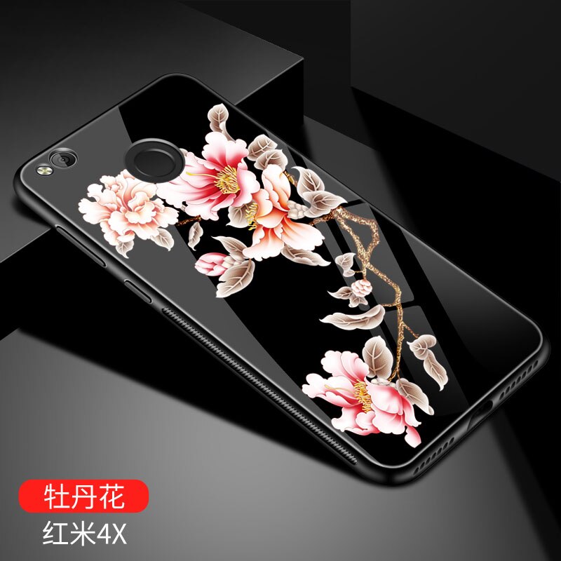 Voor xiaomi redmi 4X case Luxe Gehard Glas Cover Soft TPU Siliconen Bumper voor xiaomi redmi 4X pro case xiaomi redmi 4X Cover: peony / with Tempered glass