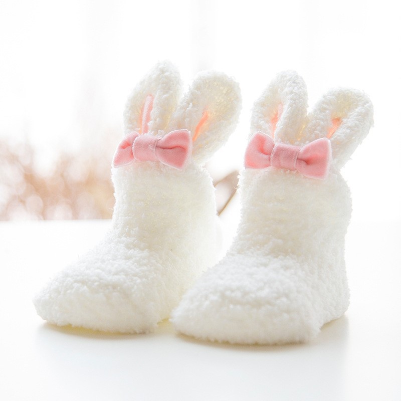 Coral Fleece Baby Meisje Sokken Leuke Konijn Kinderen Sokken Met Bogen Winter Anti-Slip Infant Toddler Kids Indoor Vloer sokken 1-3Y
