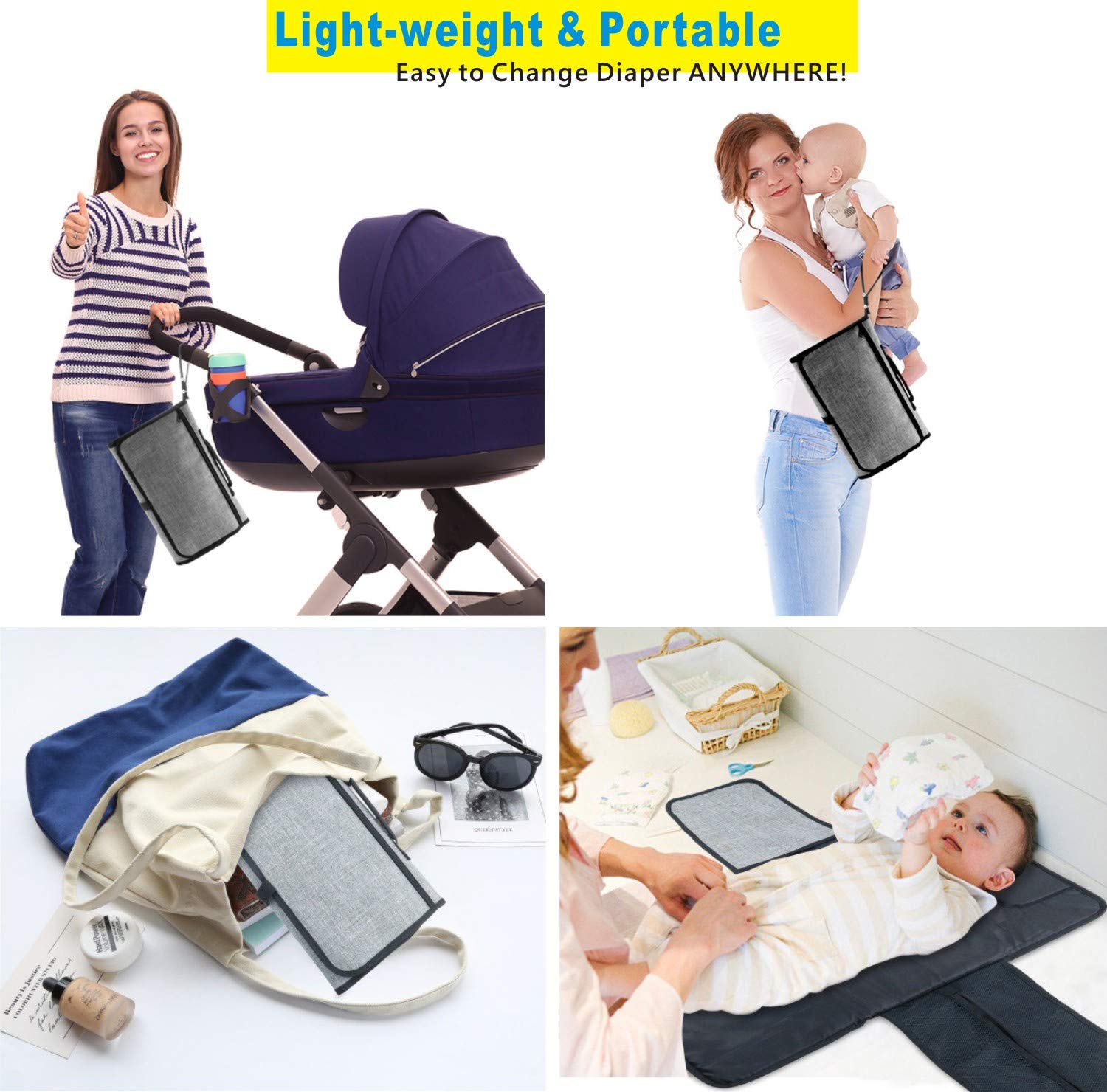 Portable Changing Pad Baby Diaper Bag Changing Pad Station with Head Cushion Wipes Pocket Waterproof Foldable Infant Comfortable