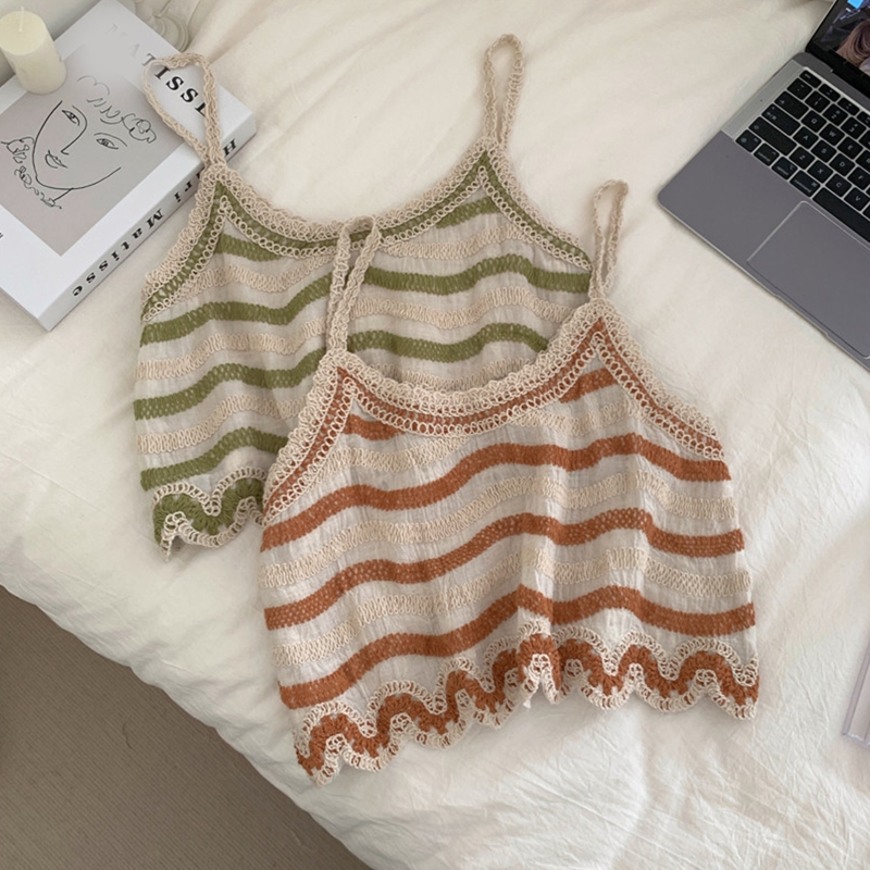 Camisola Vintage de lino y algodón para mujer, Top corto con tirantes finos y bordado de corazón a rayas, chaleco de ganchillo para playa