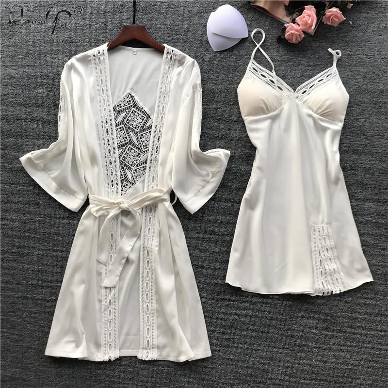 Sexy Lace Robe Sets Women Silk Satin Robe Loungewear 2PC Sleepwear Set Kimono Robe Bathrobe Nightgown Pajama Dress 2 Piece Suit: White / XL