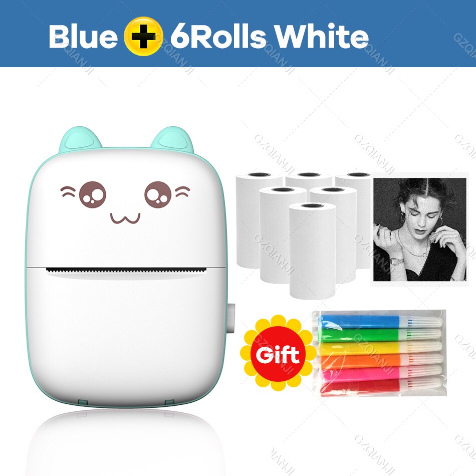 Thermal Printer 203DPI Portable Bluetooth 4.0 Thermal Photo Printer Wireless Inkless Mini Pocket Label Notes Printer With Papers: BL add 6WHITE