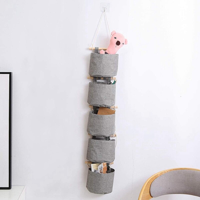Cotton Linen Fabric Closet Washable Hanging Storage Bag With 5 Pockets Over The Wall Door Organizer For Bedroom Bathroom
