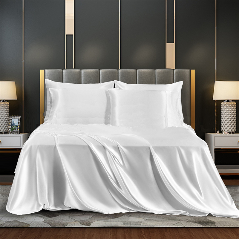 Summer Luxury Satin Silk-like Bed Sheet Set (Flat Sheet + Fitted Sheet + Pillowcase) Solid Color Mattress Cover Twin Full Queen: Twin / WHITE