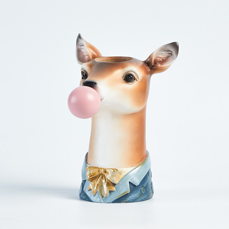 Resin Cartoon Animal Head Vase Flower Pot Bubble Gum Zebra Giraffe Panda Deer Bunny Bear Animal Crafts Decoration