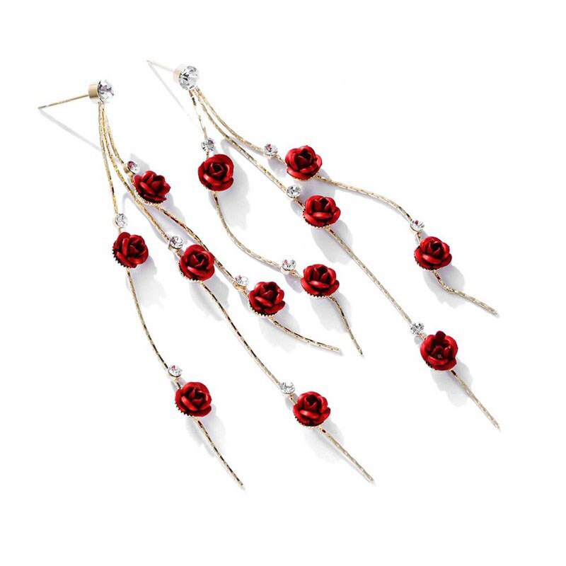 Pendientes de gotas de rosa roja para mujer, aretes largos con borlas colgantes, joyería para y boda, ENDQ