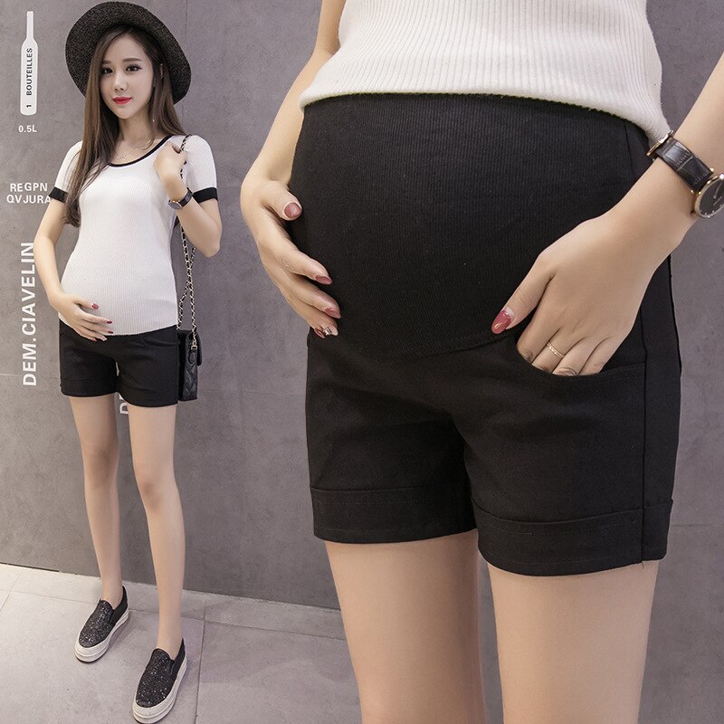 Gravide korte bukser capris sommer gravide tøj gravide shorts mave hæklet bomuld gravid tøj leggings lommer: Sort / Xxl