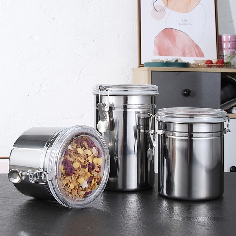 Recipiente hermético de acero inoxidable para café, bote de almacenamiento para café, arroz, té, especias y hierbas (cuchara de ), 0.4L-1.7L