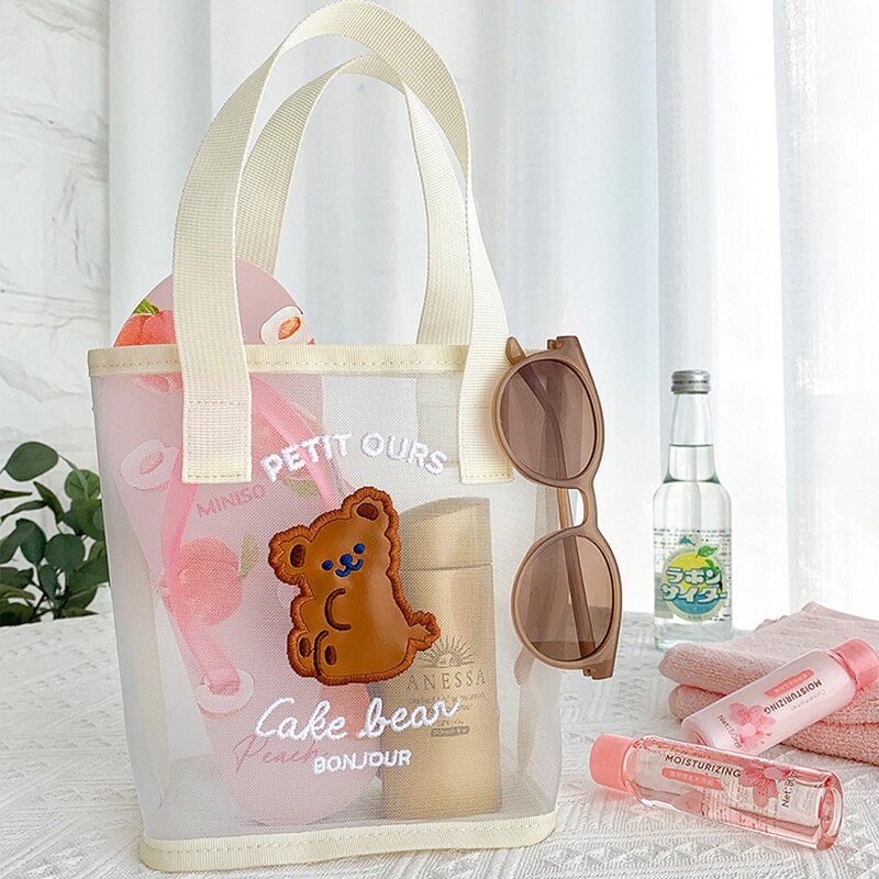 Korea Bear Flower Handbag Girls Summer Beach Travel Beach Bag Women Daily Shopping Bags Gauze Should Bags