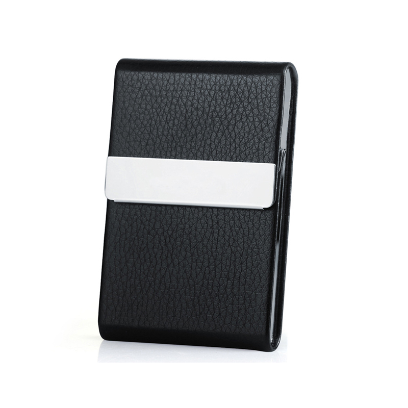 Porta-cartões de visita elegante de aço inoxidável masculino, caixa de armazenamento de porta-cartões de crédito de couro com padrão de lichia