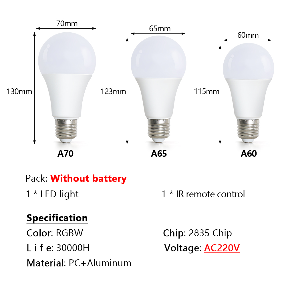 Bombillas LED AC 220V E27 RGB Bombillas lámpara LED IR Control remoto cambiable colorido RGB ampolas blancas foco bombilla Led