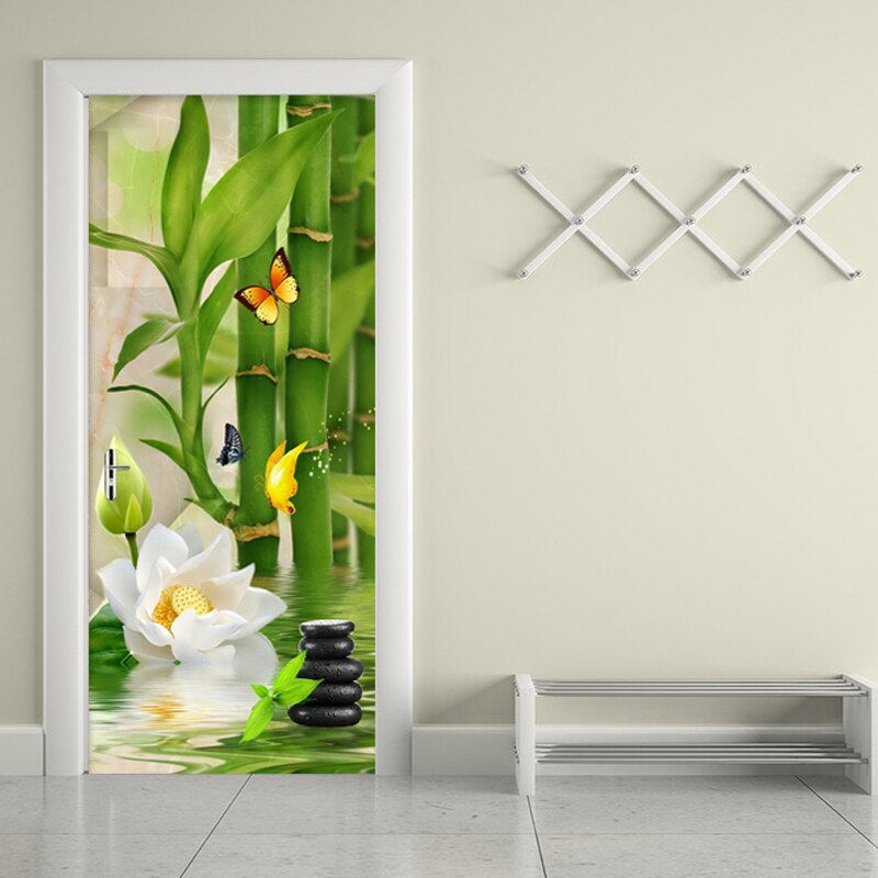 3D Sticker Chinese Style Green Bamboo Photo Wallpaper Living Room Study Kitchen Door Sticker PVC Self-Adhesive Waterproof Decor