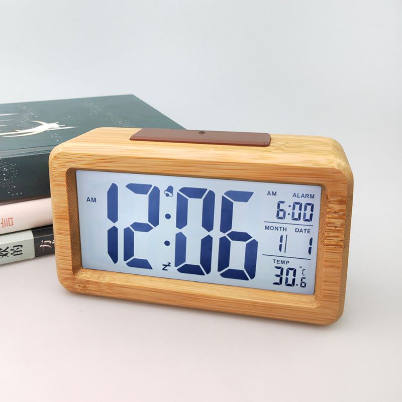 Easy Setting Wooden Digital Alarm Clock with Temperature, Date, Backlight, Snooze, for Bedroom, Bedside, Home, Office, N