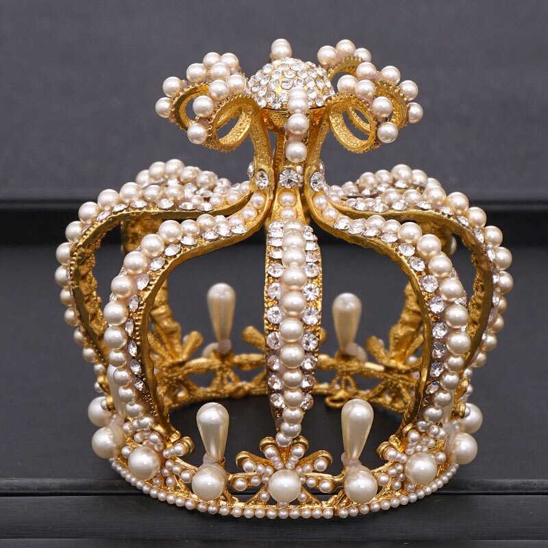 Coroa de noiva, endereço de cabeça de noiva com cristal barroco coroa de pérolas dourada coroa redonda queen tiara festa de aniversário acessórios de casamento: Ouro-cor
