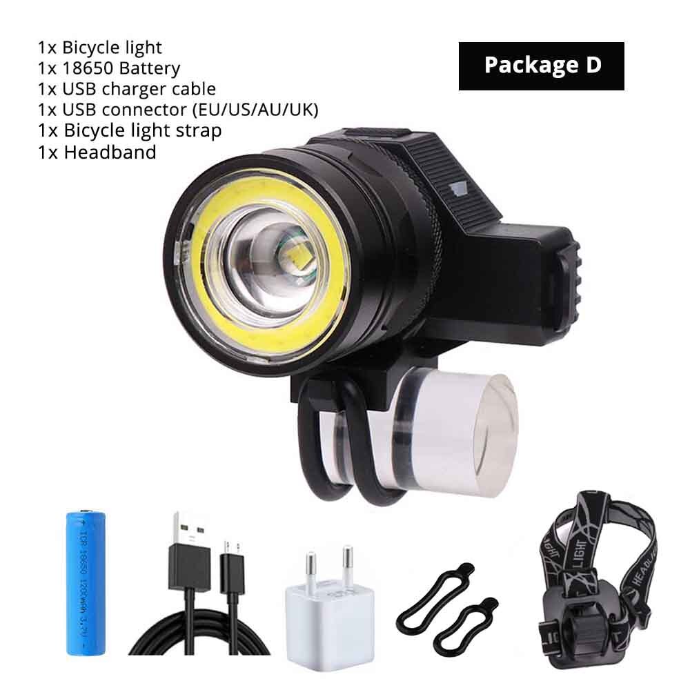 USB charging bicycle light 5 lighting mode super bright LED bike light waterproof zoom cycling accessories suit for night ride: Package D