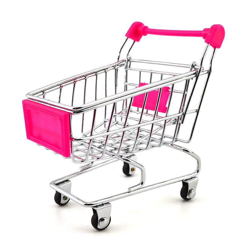 Mini Shopping Cart Supermarket Handcart Mode Storage Toy desktop can: Rose red