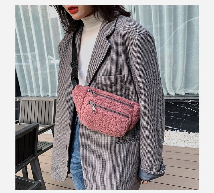 Women Cute Fanny Chest Pack Solid Color Casual Plush Crossbody Purse Soft Fleece Waist Belt Bag Pack