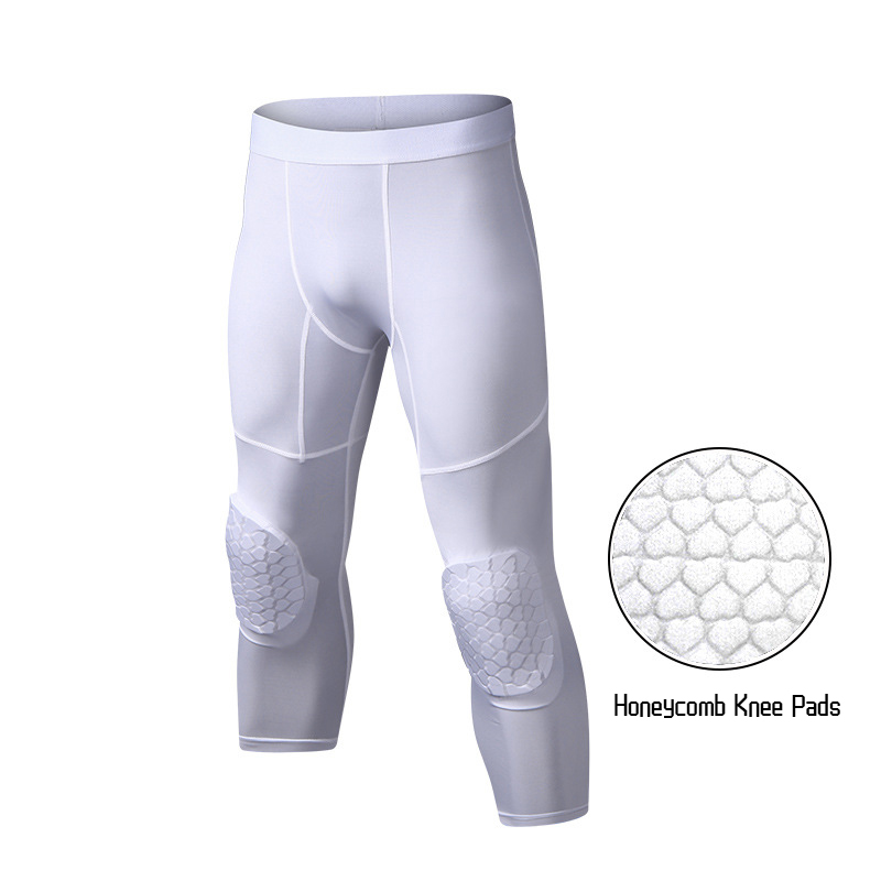 Sportsbukser med knæbeskyttere, 3/4 kompressionsleggings, sorte tights, herre-drenge-ungdomsbukser, fodbold, hurtigttørrende træningsleggings