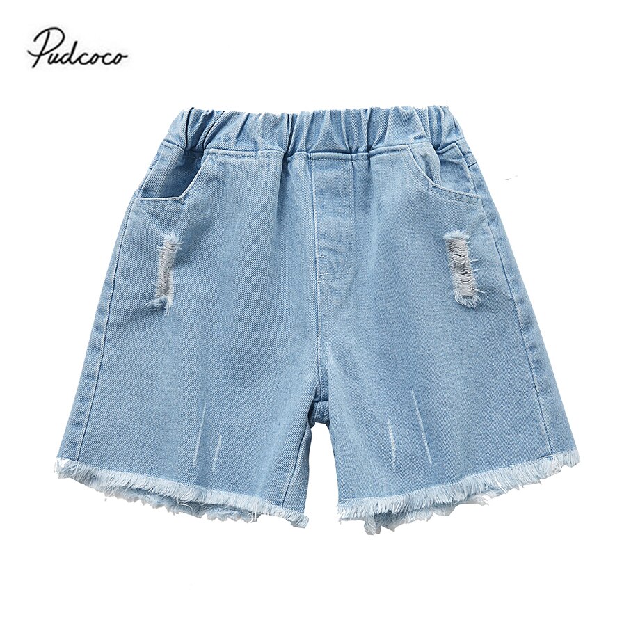 Kids Girl Denim Shorts Summer Bottoms Tassels Edge Flower Embroidery Breathable Elastic Waist Clothes