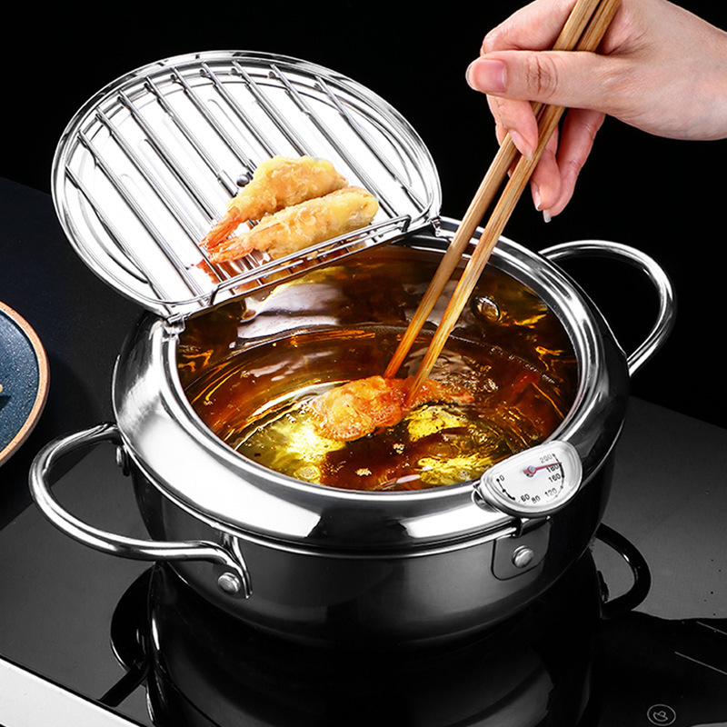Japanse frituurpan met een thermometer en een deksel Frituurpan 304 roestvrijstalen keuken Tempura olie koekenpan Friteuse