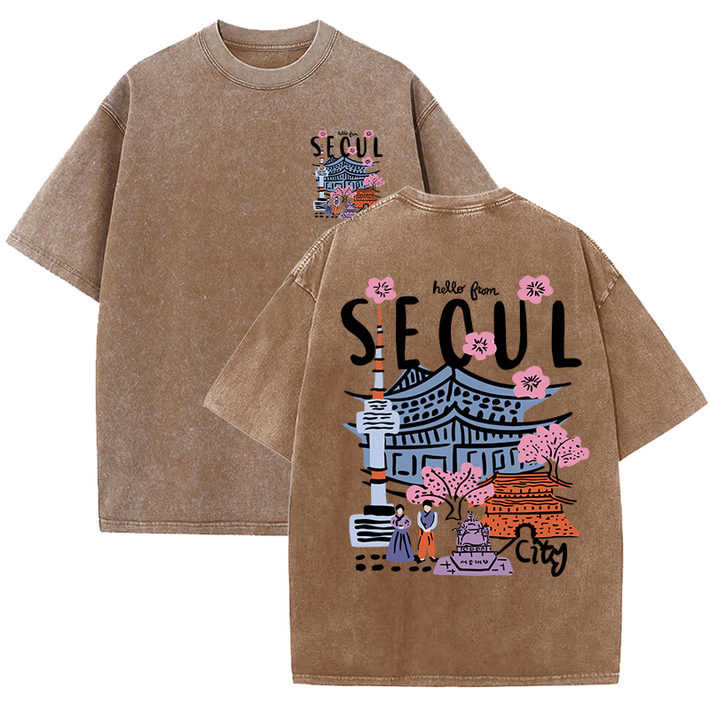 Seoul vacker natur tryckt tvättad t-shirt dam sommar rund hals kläder trendiga bomull kortärmade casual t-shirts: L / Kaki